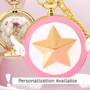 Sakura Star Pocket Watch - Pink Gold Wings Magical Gift for Anime Fans Cosplay